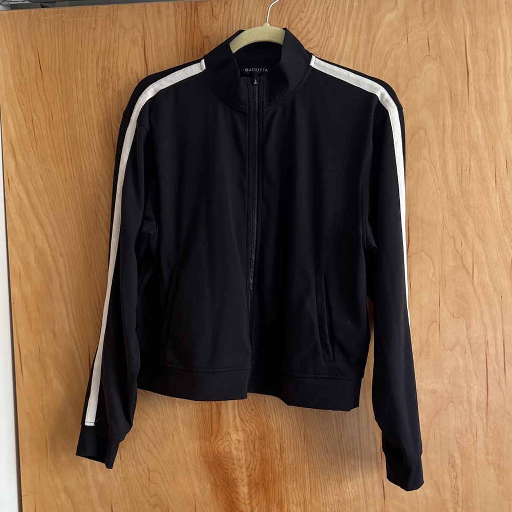 Athleta Black Track Jacket with White Shoulder Stripes